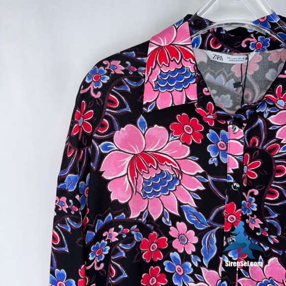 1127 NWT Zara Long Sleeve Floral Dress - Size L - Black/Pink/Blue - Picture 4 of 16